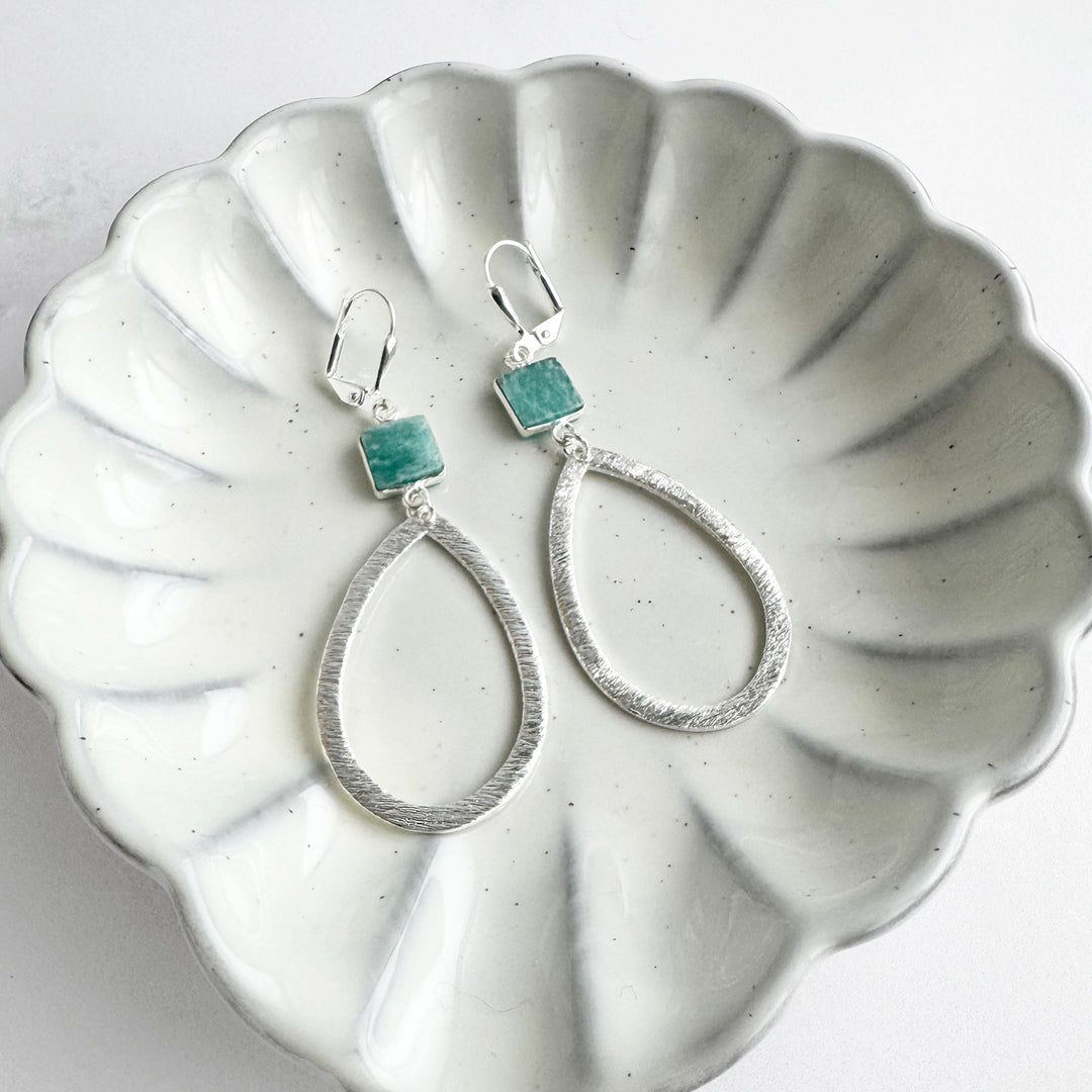Amazonite and Brushed Teardrop Dangle Earrings in Silver