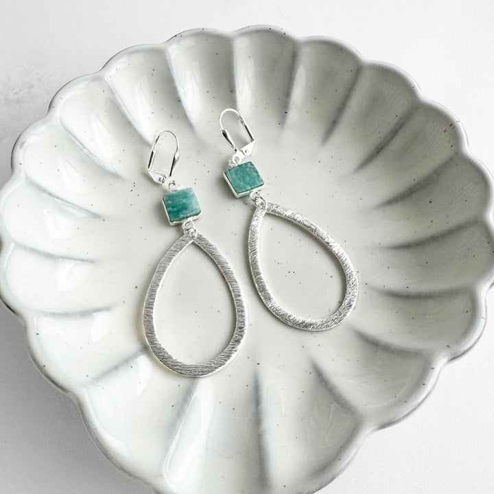 Amazonite and Brushed Teardrop Dangle Earrings in Silver