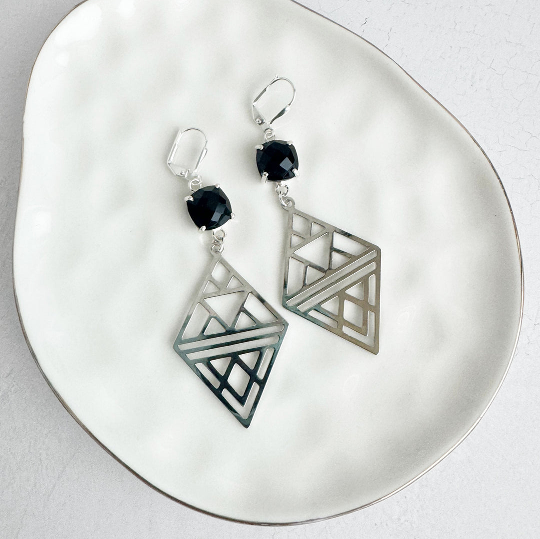 Black Onyx Geometric Diamond Earrings in Silver