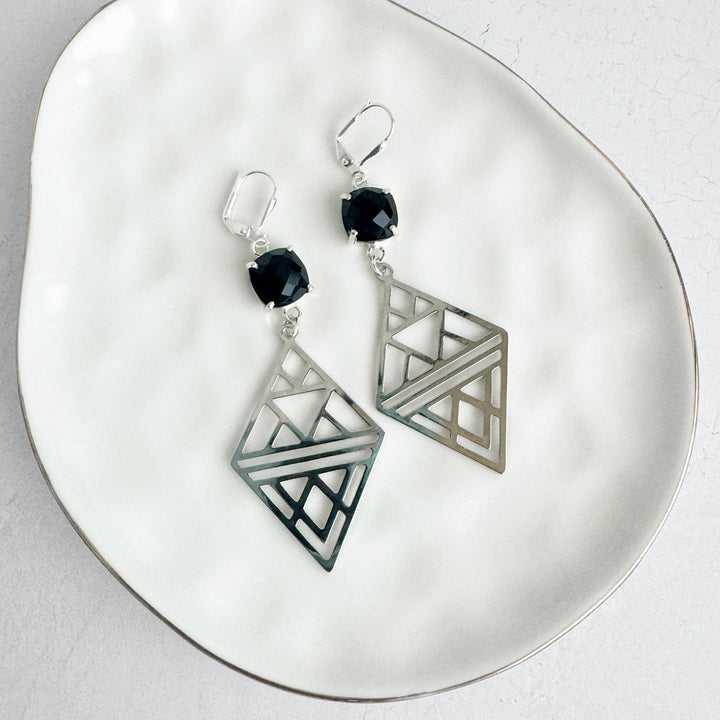 Black Onyx Geometric Diamond Earrings in Silver