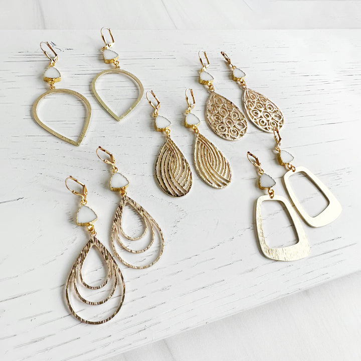 White Agate Statement Earrings in Brushed Brass Gold