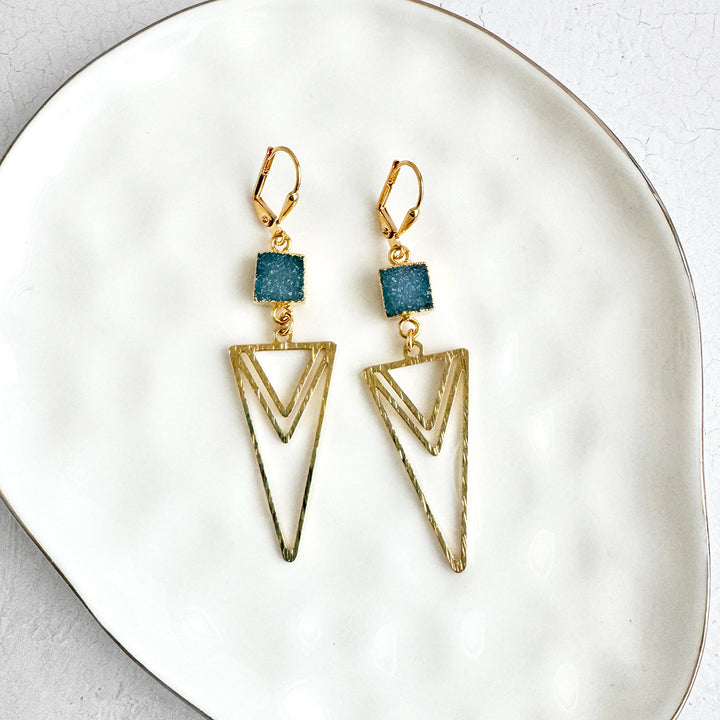 Layered Triangle Brushed Gold Earrings with Ocean Blue Druzy Stones