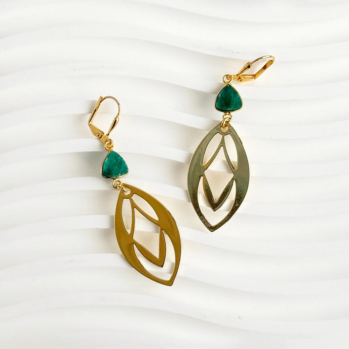Emerald Mojave and Patterned Marquise Earrings in Brushed Brass