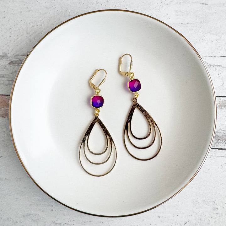 Pink Purple Aura Quartz and Multiple Teardrop Statement Earrings