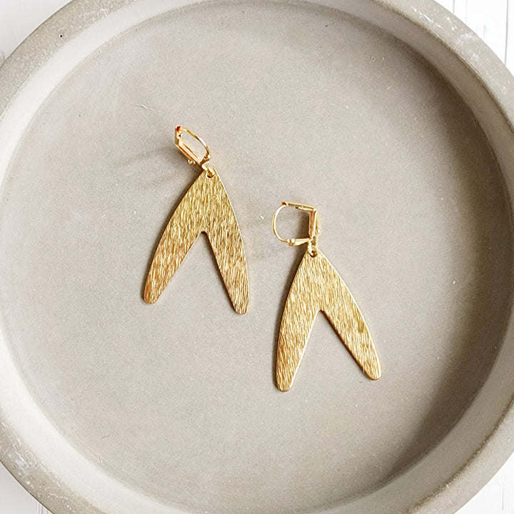 Simple V Shaped Earrings in Brushed Brass Gold