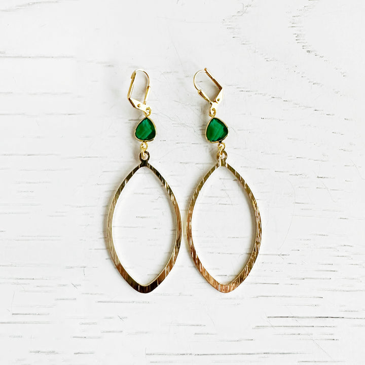 Green Quartz and Marquise Statement Earrings in Brushed Brass Gold