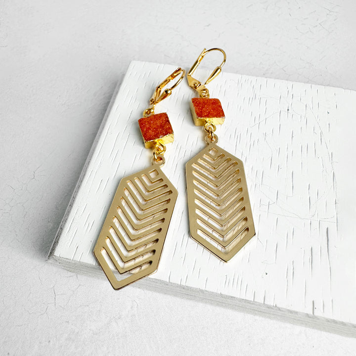 Orange Druzy Chevron Dangle Earrings in Gold
