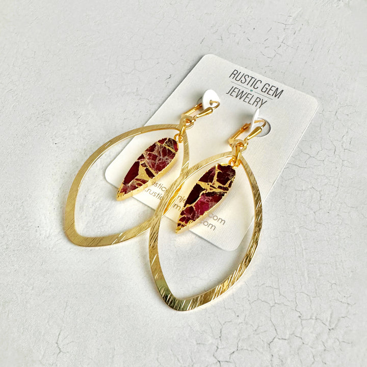 Fuchsia Mojave Marquise Dangle Earrings in Brushed Gold