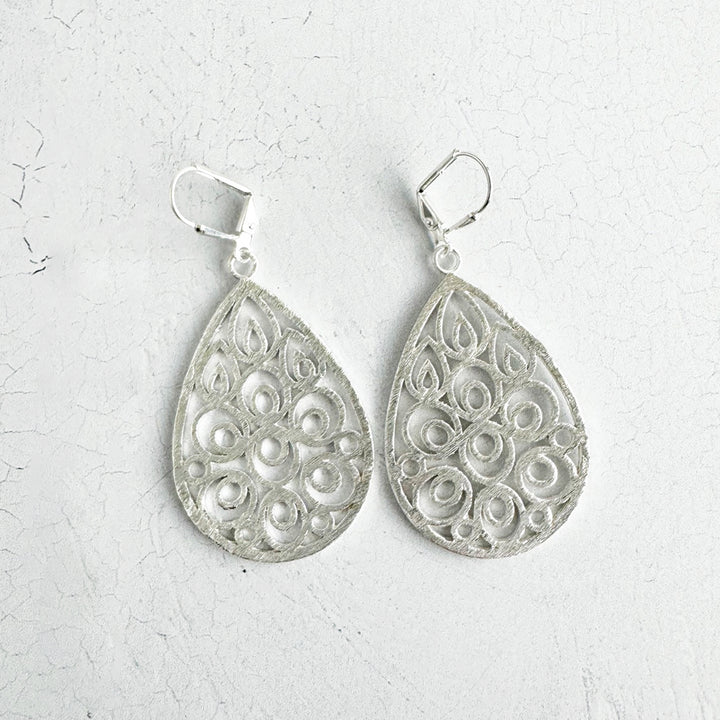 Filigree Teardrop Dangle Earrings in Brushed Silver