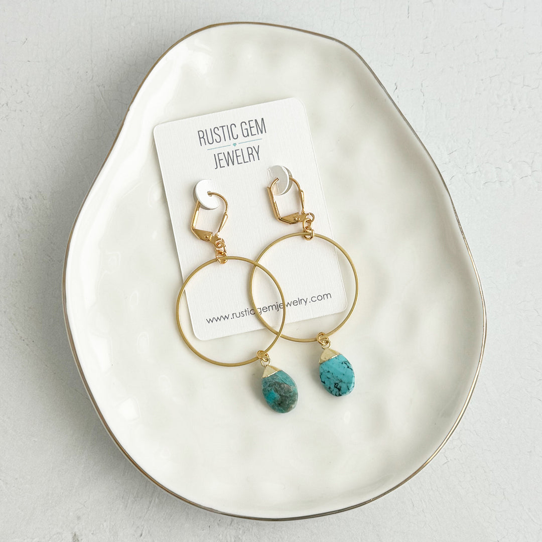 Teardrop Turquoise Hoop Dangle Earrings in Brushed Gold