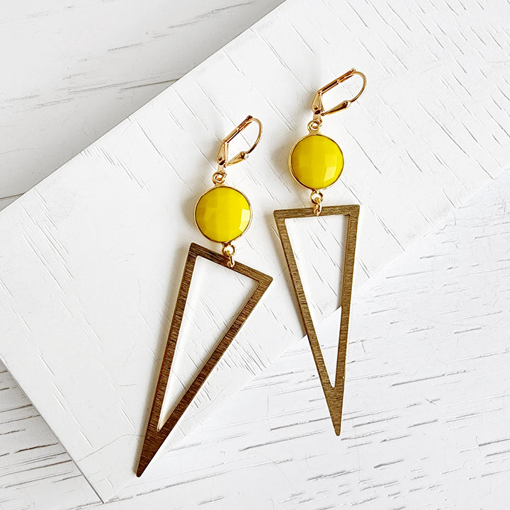 Yellow Agate Triangle Dangle Earrings in Brushed Gold
