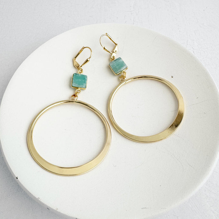 Amazonite Hoop Dangle Earrings in Gold. Statement Dangle Earrings. Gold Hoop Earrings