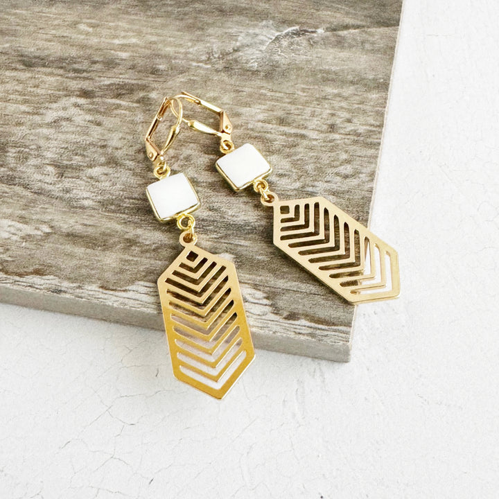 White Agate Chevron Dangle Earrings in Brass Gold