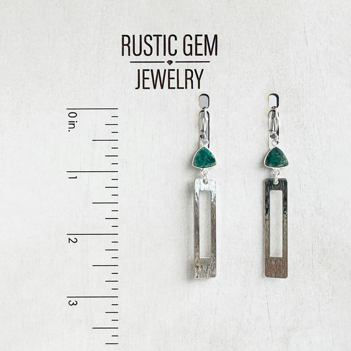 Green Mojave Rectangle Earrings in Brushed Silver