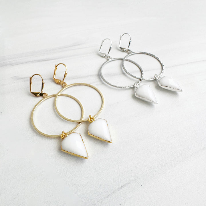White Agate Shield Hoop Dangle Earrings