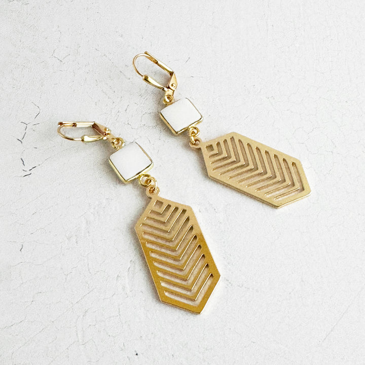 White Agate Chevron Dangle Earrings in Brass Gold