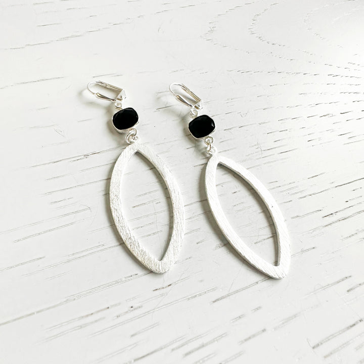 Black Stones Statement Earrings in Brushed Silver