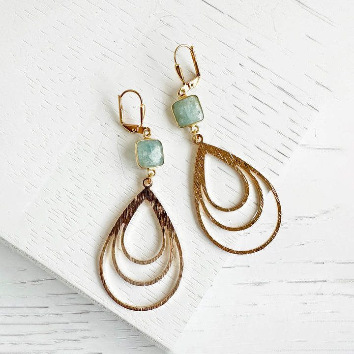 Teardrop Dangle Earrings with Aquamarine in Brushed Brass Gold