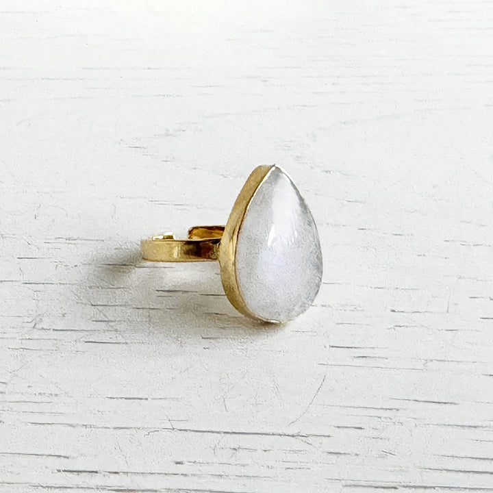 Rainbow Moonstone Teardrop Statement Ring in Gold and Silver