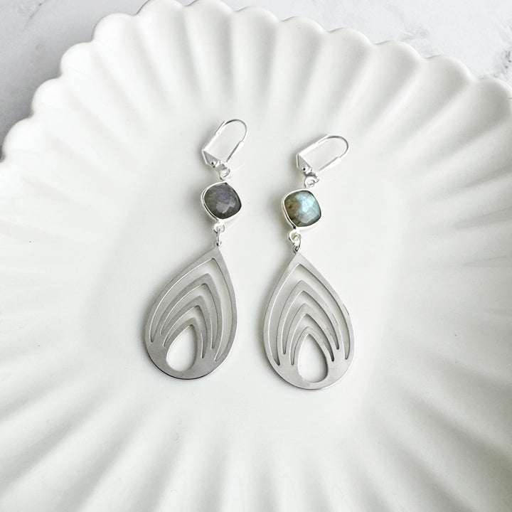Lotus Teardrop Earrings with Labradorite Stones