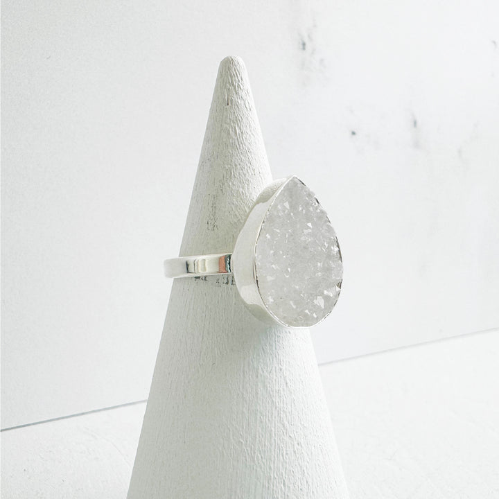 White Druzy Teardrop Ring in Silver