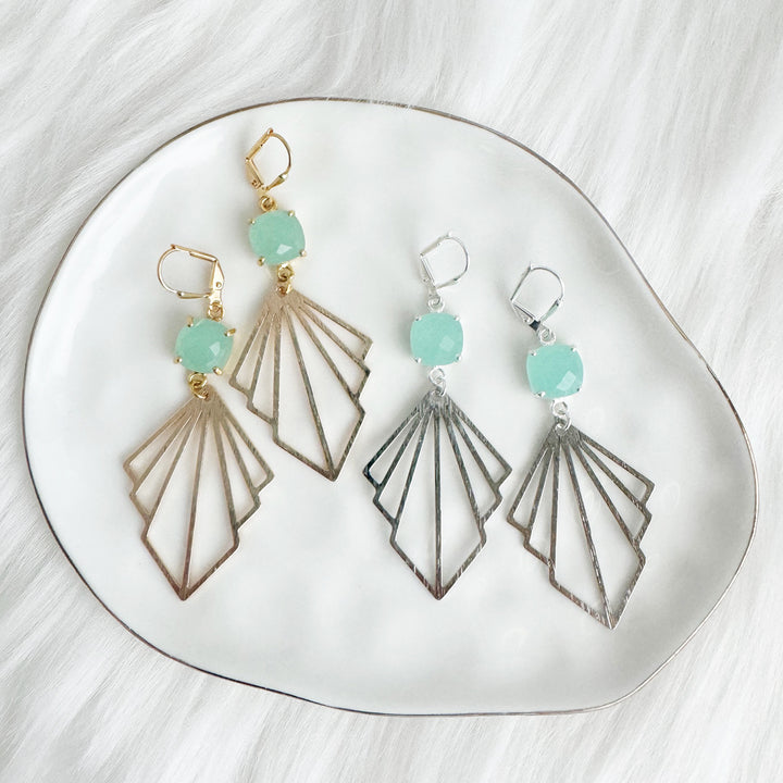 Aqua Chalcedony Prong Layered Fan Statement Earrings in Brushed Gold and Silver