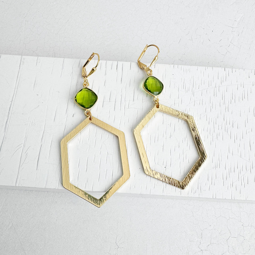 Olive Green Quartz Hexagon Earrings in Brushed Gold