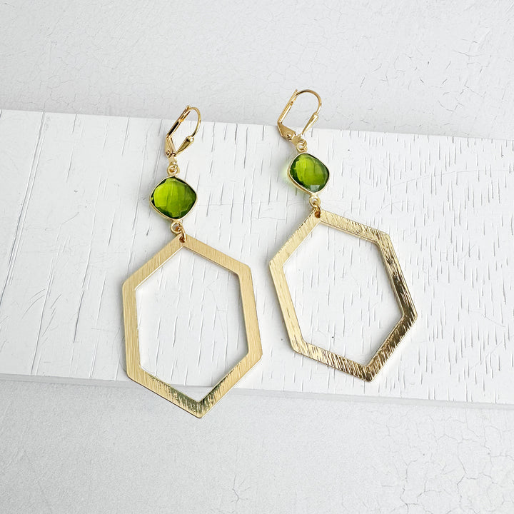 Olive Green Quartz Hexagon Earrings in Brushed Gold