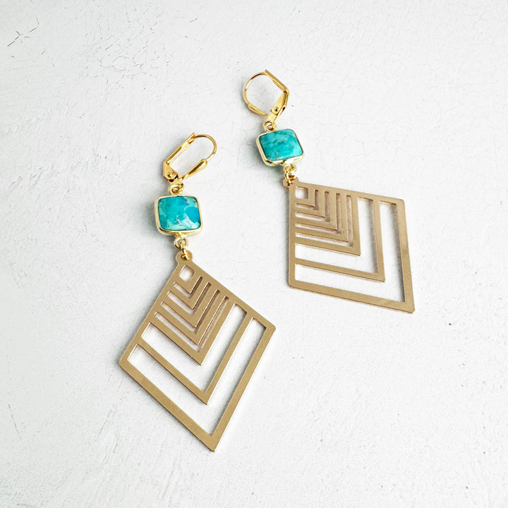 Turquoise Diamond Dangle Earrings in Brass Gold