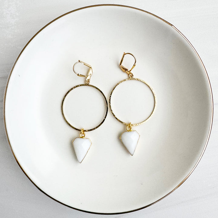 White Agate Shield Hoop Dangle Earrings