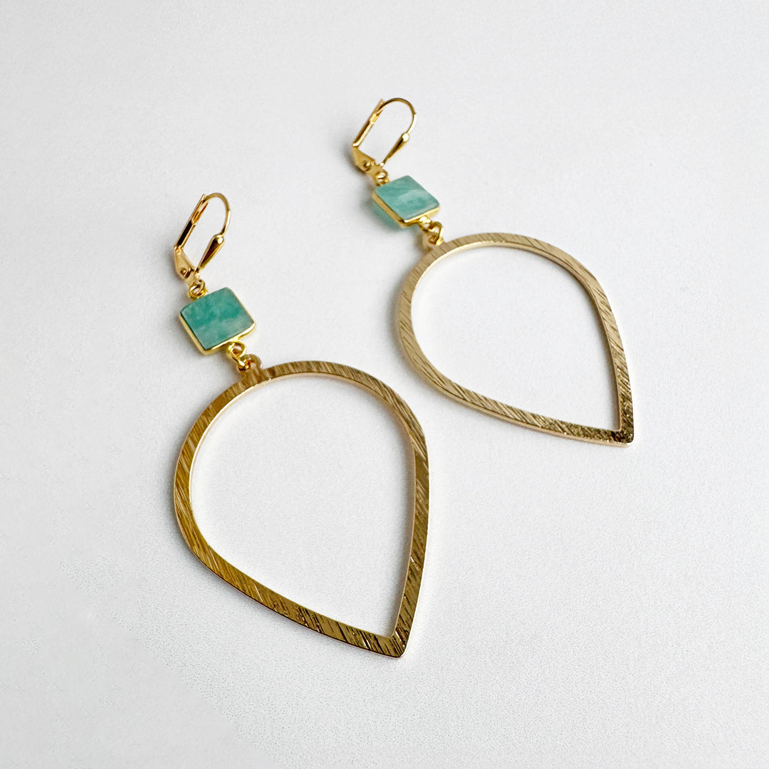 Amazonite and Brushed Inverted Teardrop Dangle Earrings in Gold