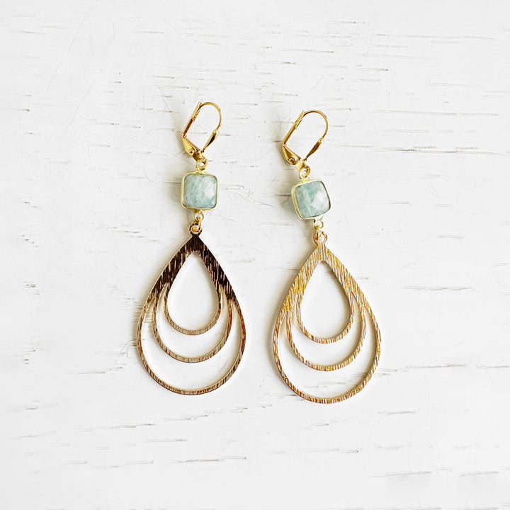 Teardrop Dangle Earrings with Aquamarine in Brushed Brass Gold