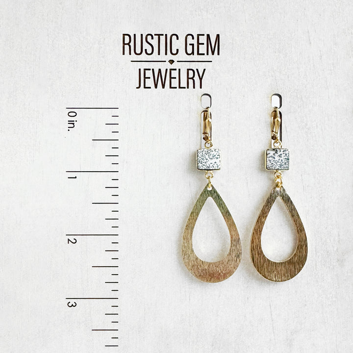 Dendrite Opal Teardrop Statement Earrings in Brushed Gold