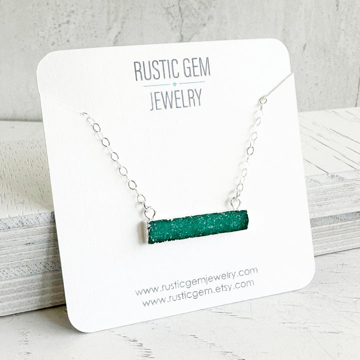 Aqua Green Druzy Bar Necklace in Sterling Silver