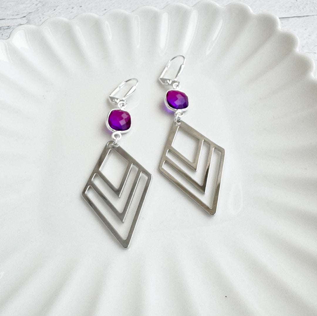 Pink Purple Aura Quartz and Layered Triangle Statement Earrings