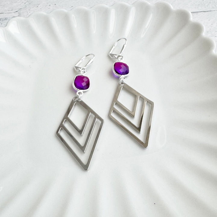 Pink Purple Aura Quartz and Layered Triangle Statement Earrings