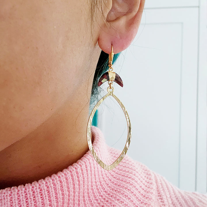 Garnet Crescent and Marquise Earrings in Brushed Gold