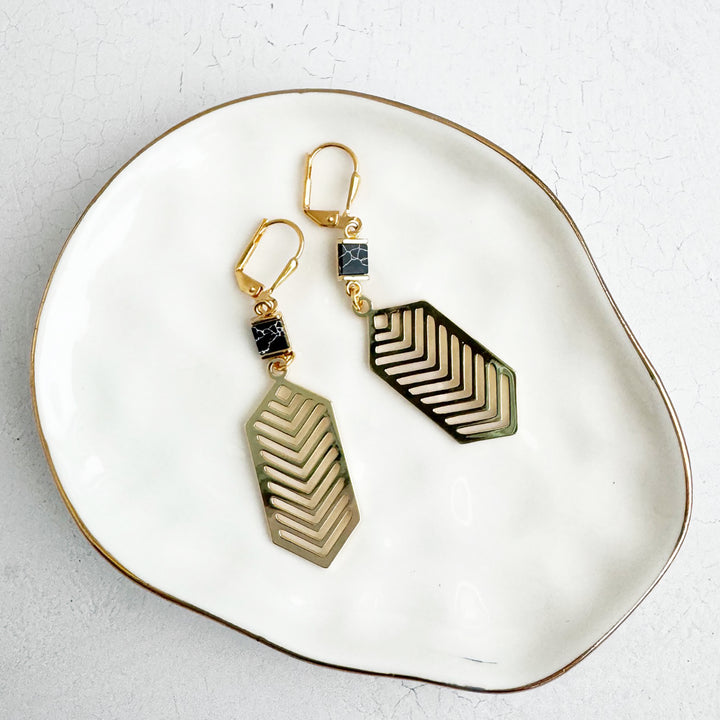 Black Howlite Chevron Dangle Earrings in Brushed Gold