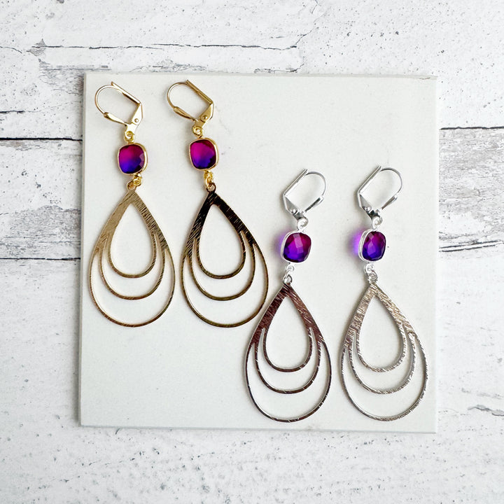 Pink Purple Aura Quartz and Multiple Teardrop Statement Earrings