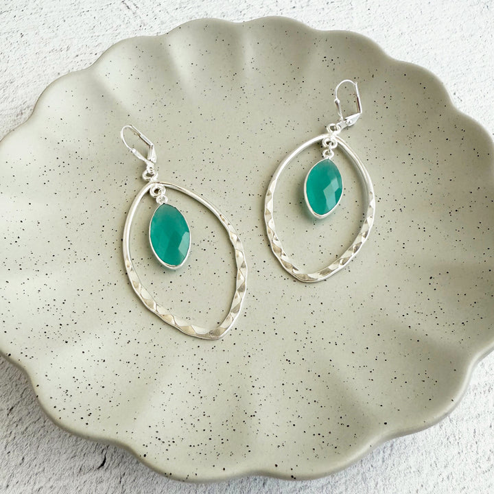 Aqua Chalcedony and Hammered Marquise Dangle Earrings in Silver