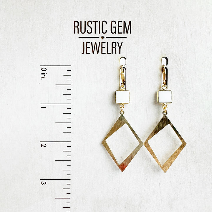 White Stone Diamond Pendant Earrings in Brushed Gold