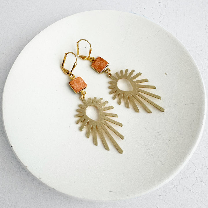 Orange Druzy Starburst Earrings in Brushed Gold