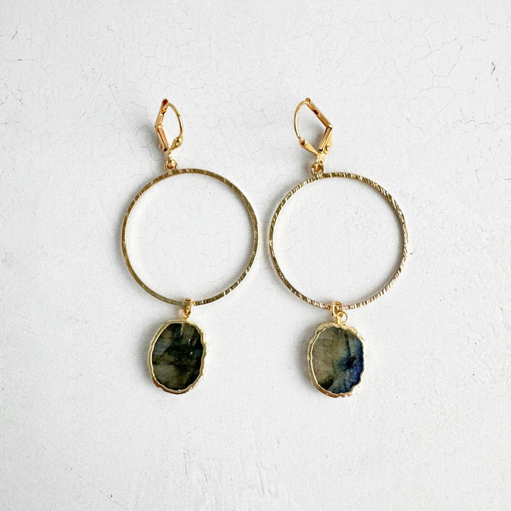Freeform Labradorite Hoop Dangle Earrings in Brushed Gold