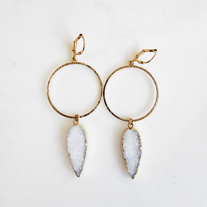 White Druzy Hoop Dangle Earrings in Gold