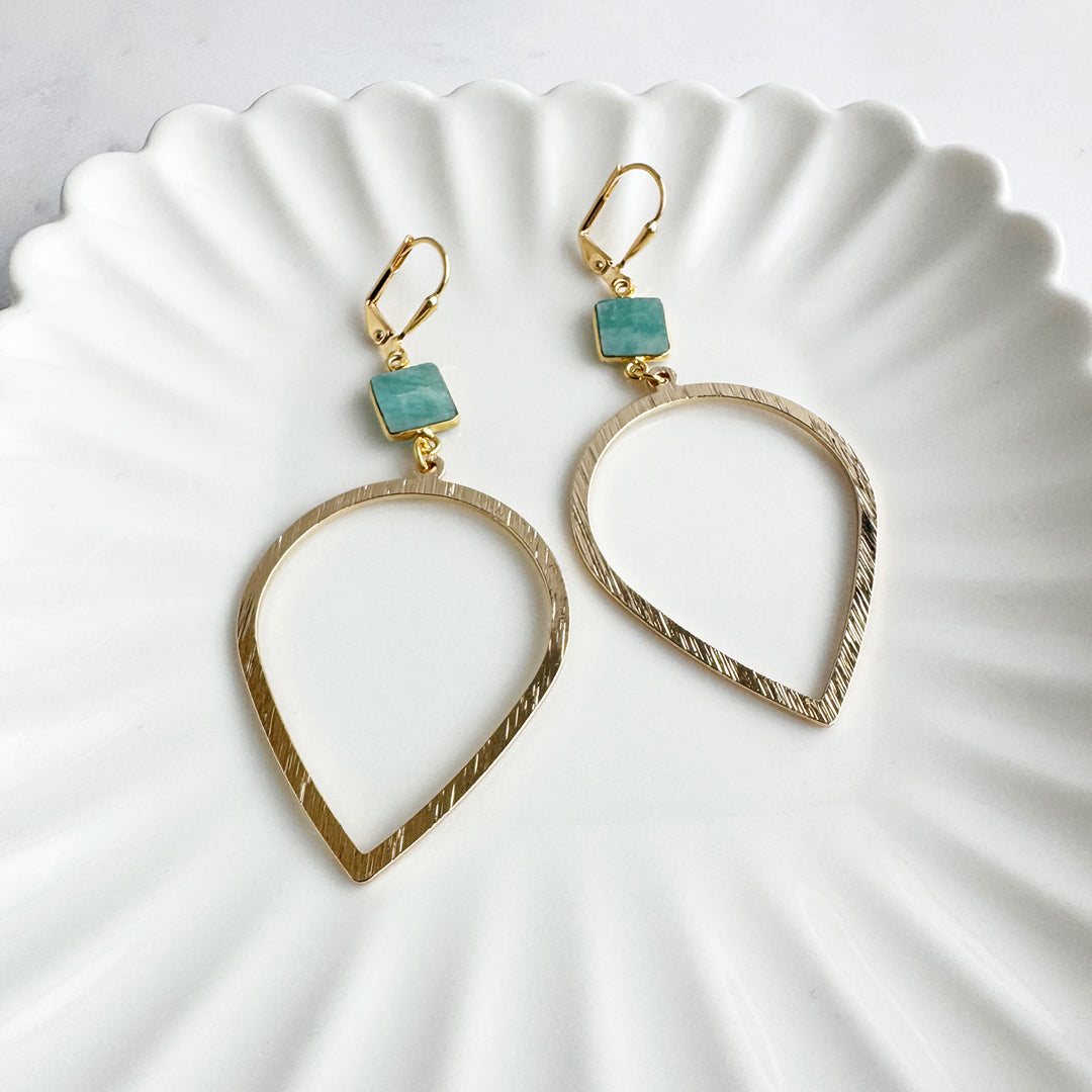 Amazonite and Brushed Inverted Teardrop Dangle Earrings in Gold