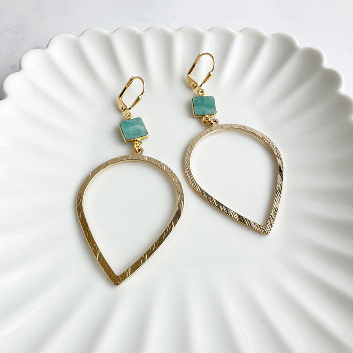 Amazonite and Brushed Inverted Teardrop Dangle Earrings in Gold