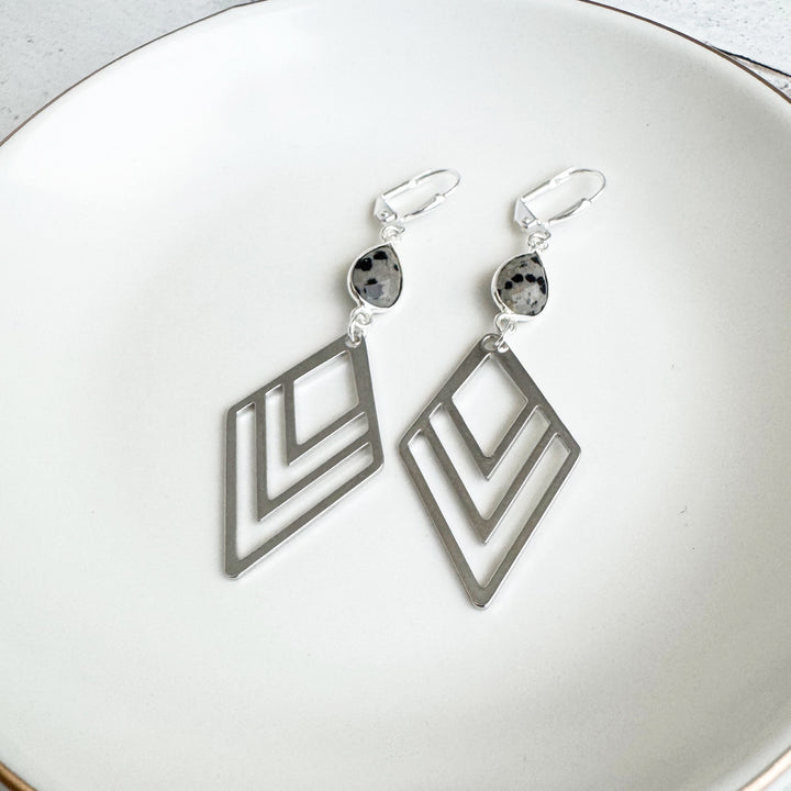 Dalmatian Jasper and Layered Diamond Statement Earrings in Silver