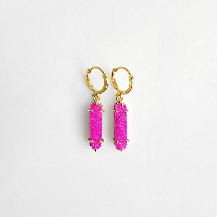 Pink Druzy Point Hoop Earrings in Gold
