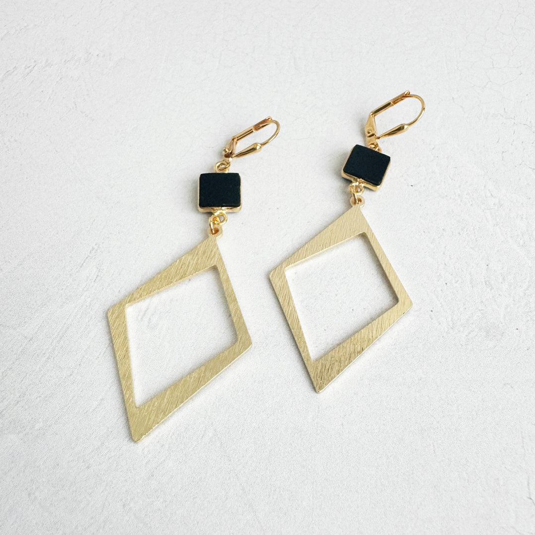 Black Onyx Diamond Pendant Earrings in Brushed Gold