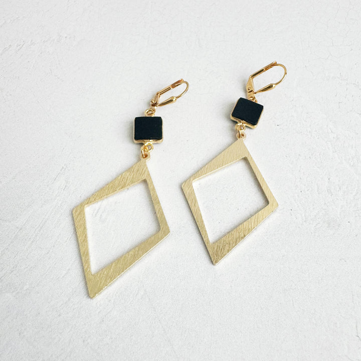 Black Onyx Diamond Pendant Earrings in Brushed Gold